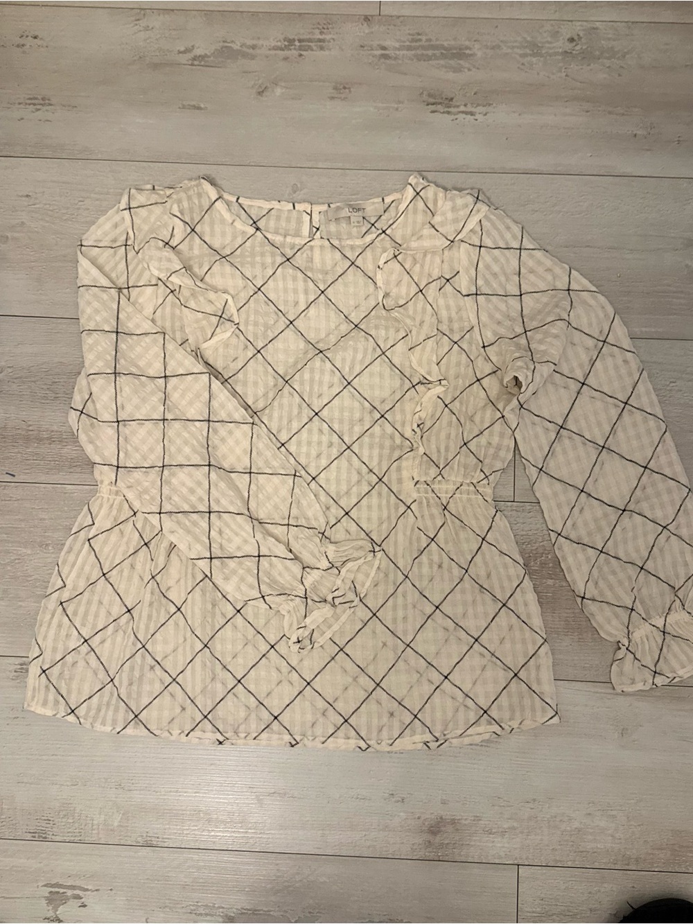 LOFT Cream Blouse with Navy Windowpane and Ruffle Trim